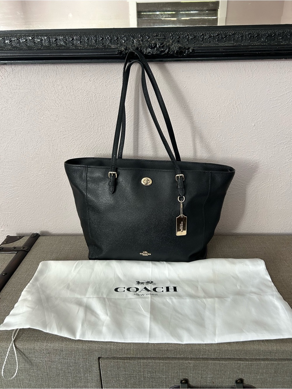 Coach Black Leather Tote with Gold Tone Hardware